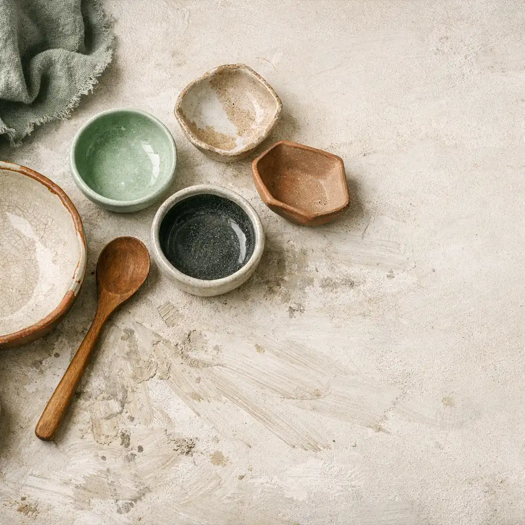 Składniki i ceramiczne naczynia na jasnej powierzchni atelier