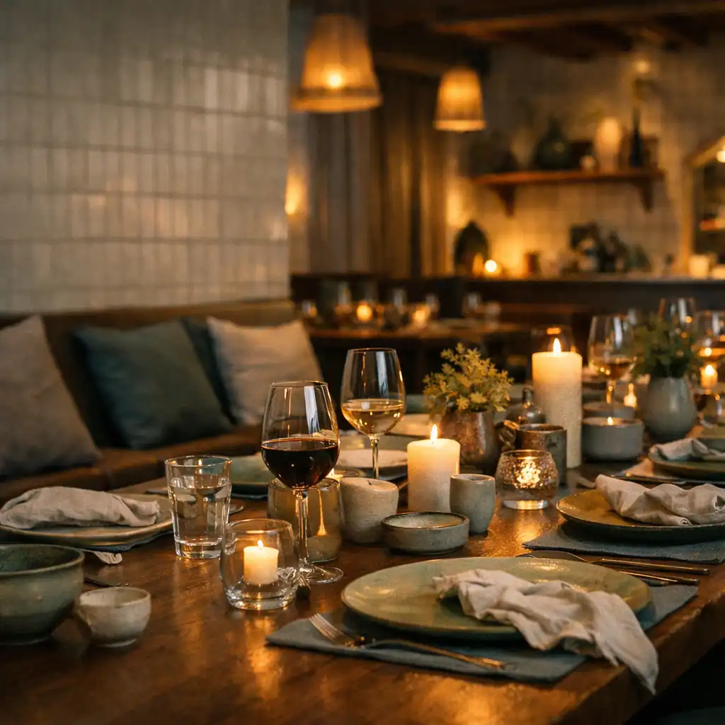 Nakryty wspólny stół w ceramiczno-supper-clubowym wnętrzu