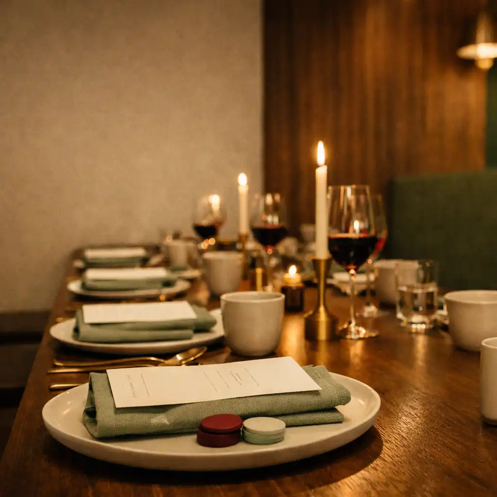 Wieczorny stół w restauracji Ximqerlo z porcelaną, lnem i dyskretnymi kartami