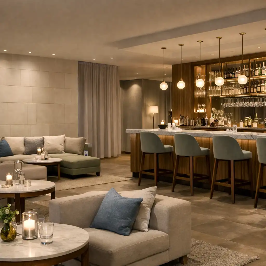 Kameralne wnętrze lounge połączonego z barem w restauracji Ximqerlo