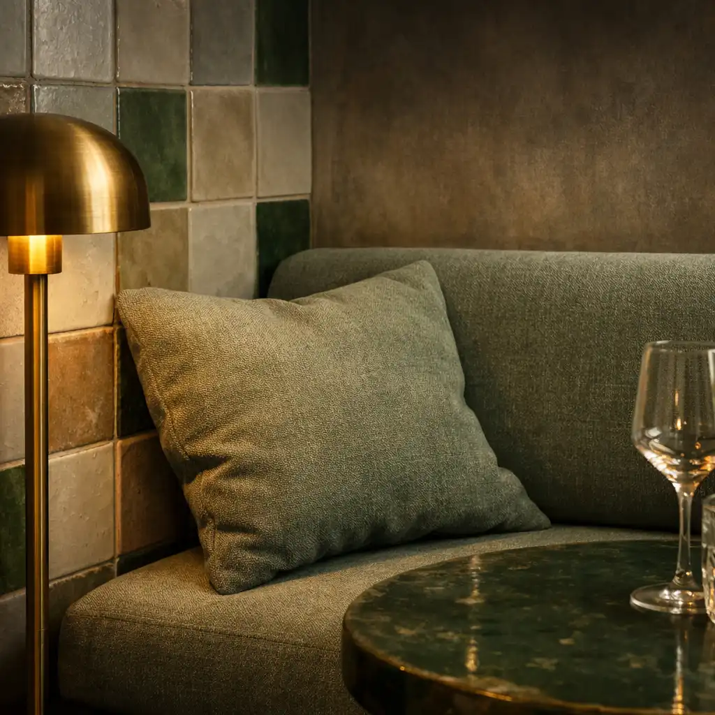 Mosiężny i ceramiczny detal lounge ze stonowaną tkaniną