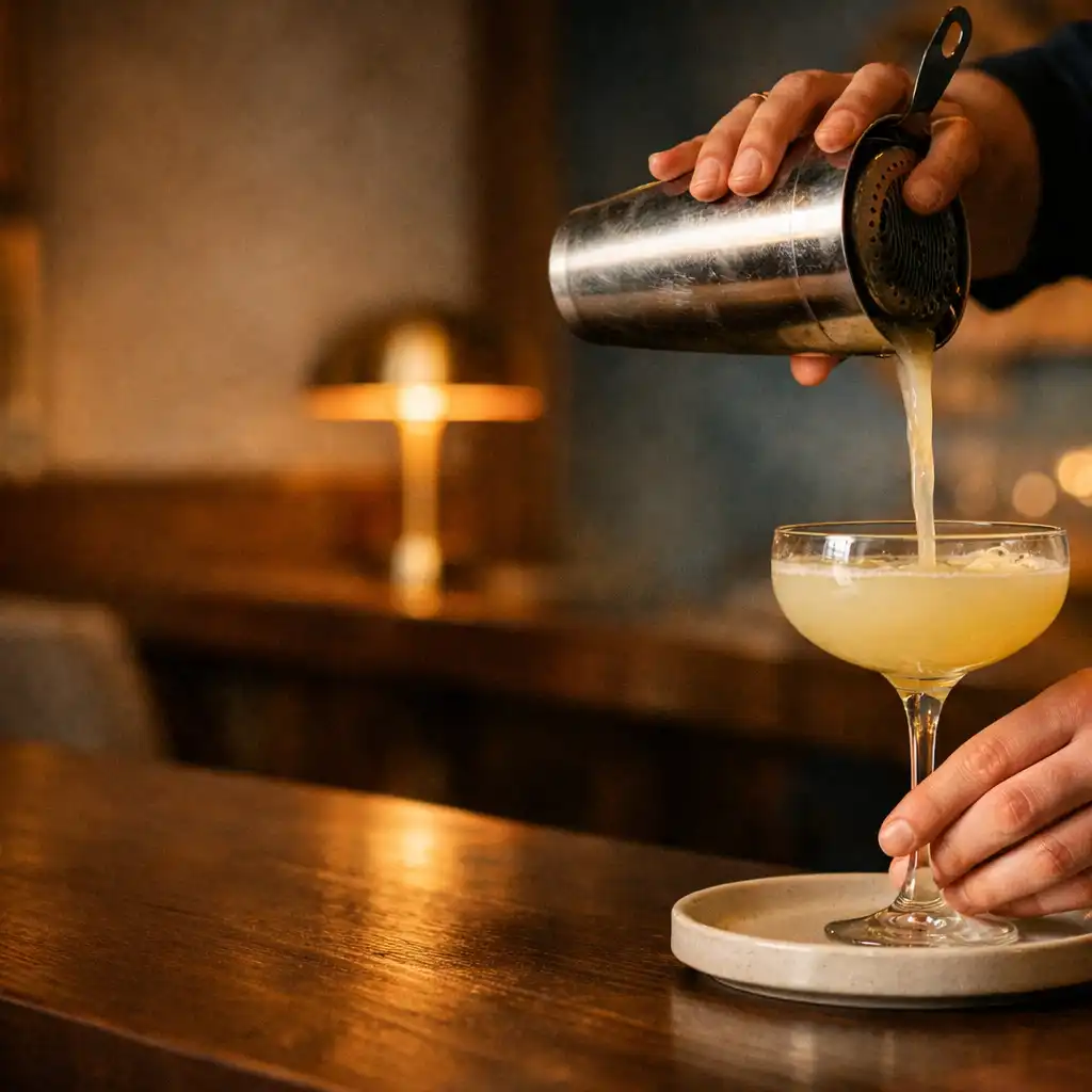 Dłonie nalewające napój do eleganckiego szkła przy restauracyjnym barze