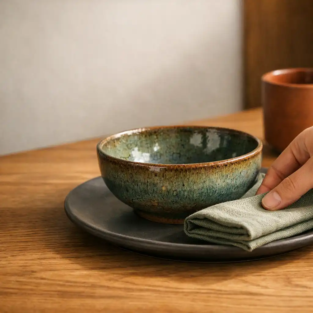 Detal restauracyjnego stołu z ceramiką, lnem i dłonią przy nakrywaniu