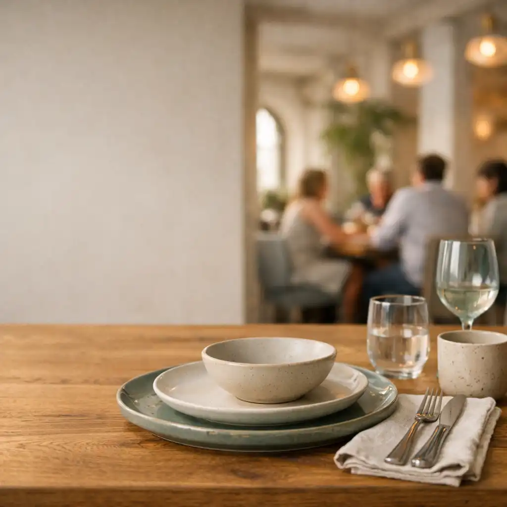 Nakryty stół w jasnym, ceramicznym wnętrzu restauracji Ximqerlo