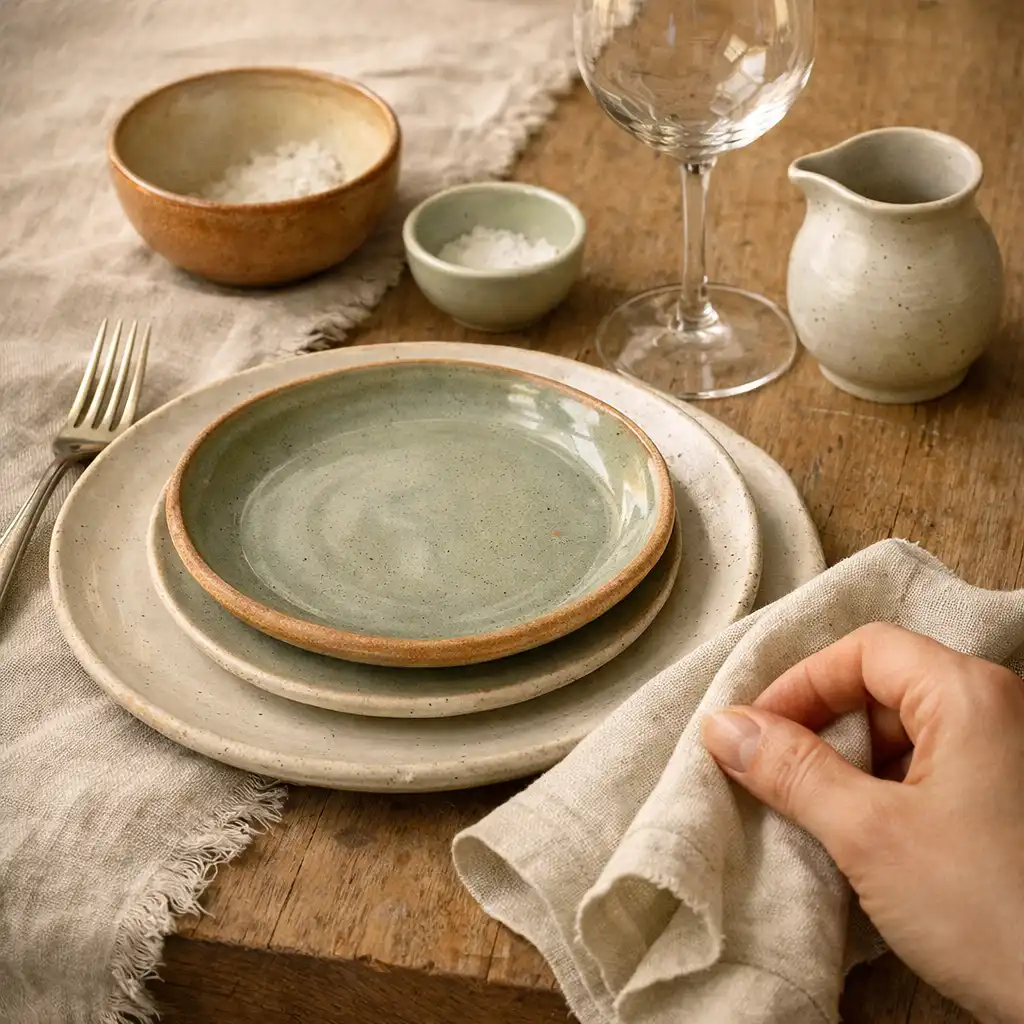 Ceramiczne nakrycie stołu z lnianą serwetą i dłonią układającą materiał