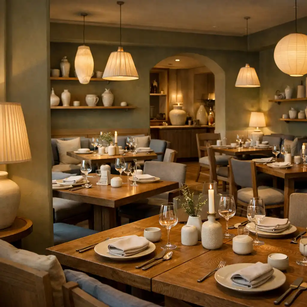 Wieczorne wnętrze restauracji Ximqerlo z nakrytymi stołami i ceramicznymi detalami