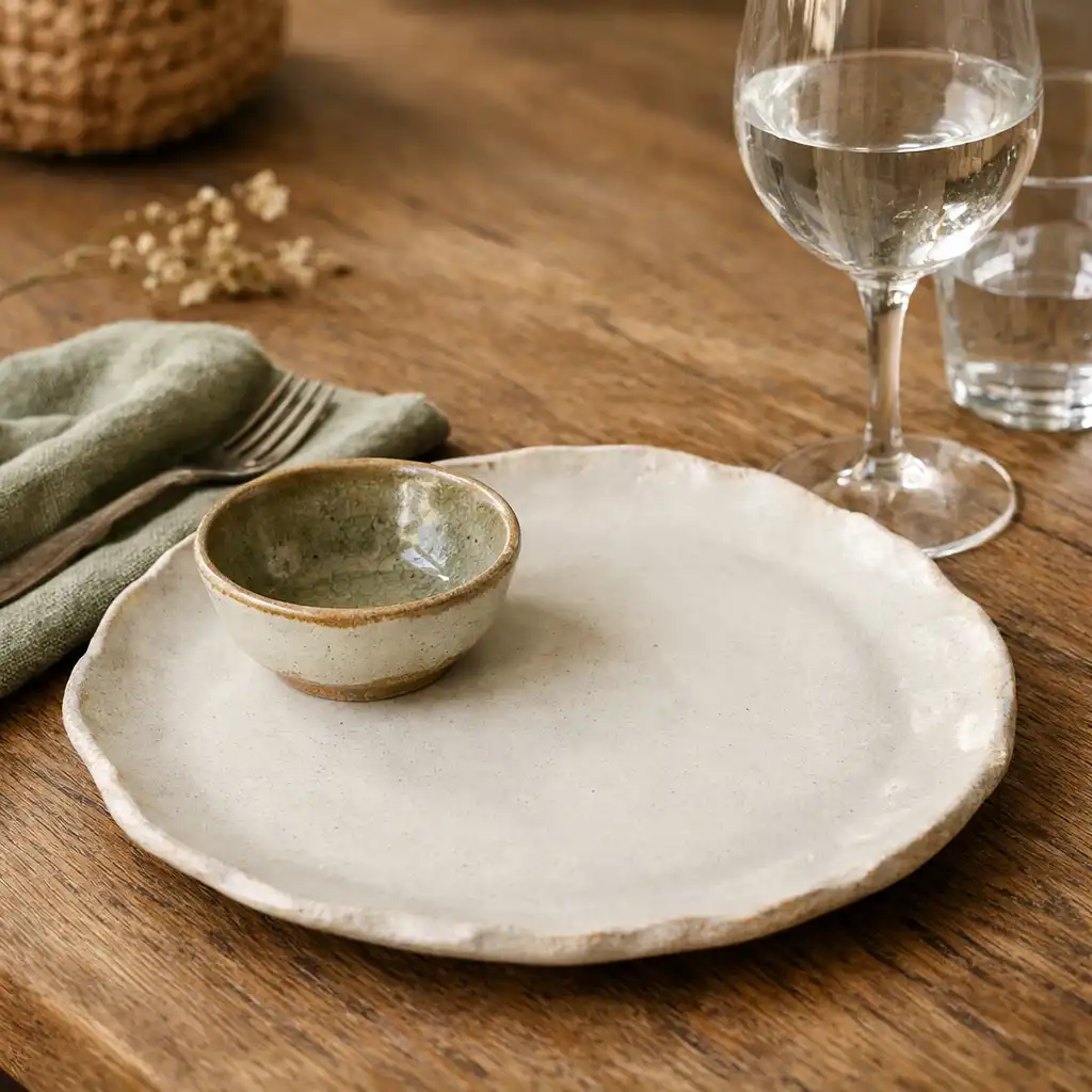 Detal dębowego stołu z matową ceramiką, lnianą serwetą i szkłem