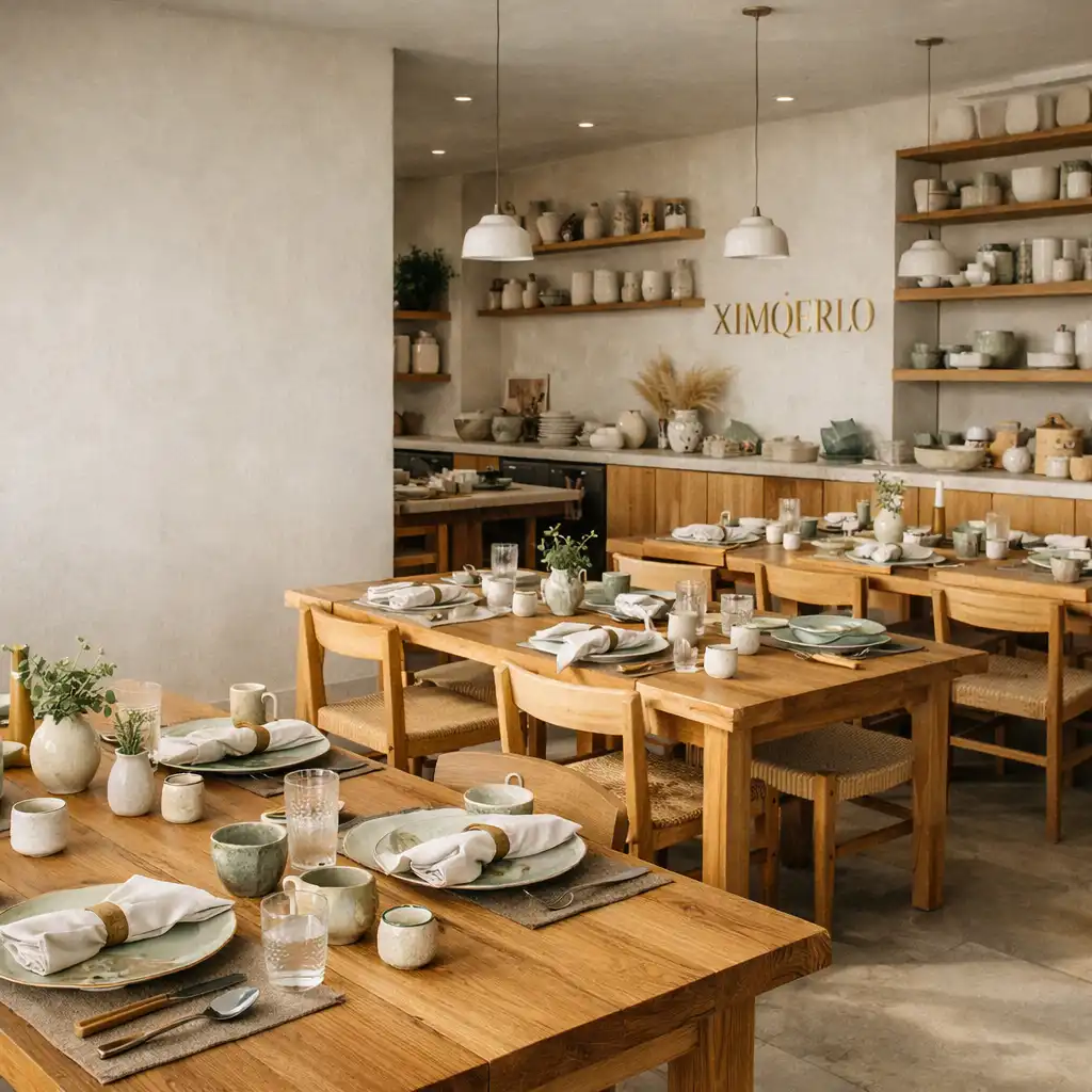 Jasna otwarta sala restauracji z dębowymi stołami, ceramiką i lnianymi serwetami