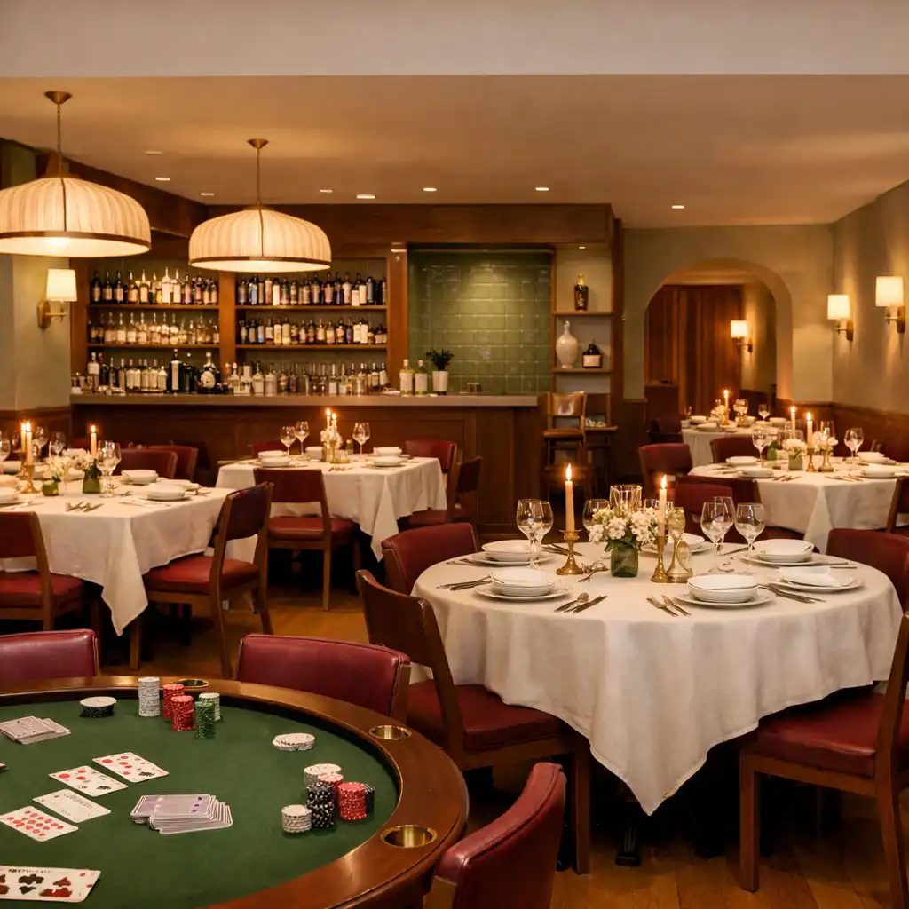 Szerokie wnętrze restauracji z porcelaną, lnem i stołem z zielonym filcem