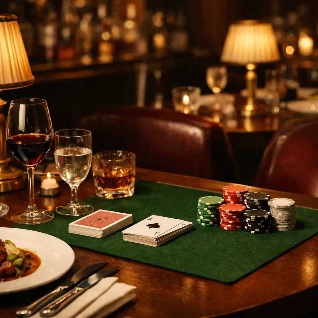 Wieczorny stół restauracyjny z porcelaną oraz dyskretnym detalem kart i żetonów